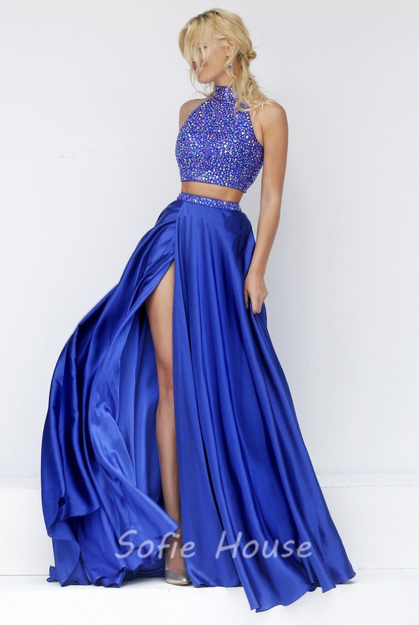 Stunning Halter High Slit Two Piece Long Royal Blue Satin Beaded Prom Dress