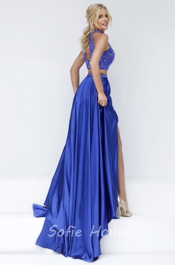 Stunning Halter High Slit Two Piece Long Royal Blue Satin Beaded Prom Dress