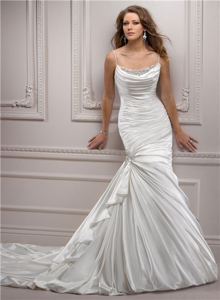 Trumpet/ Mermaid Spaghetti Strap V Back Ruched Satin Wedding Dress With ...