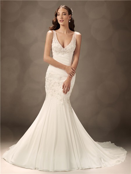 Trumpet Mermaid V Neck Court Train Organza Wedding Dress With Straps