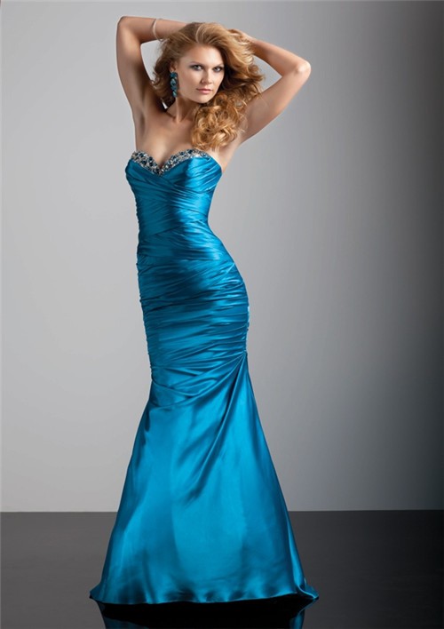 Trumpet/Mermaid sweetheart floor length blue silk prom dress with ...