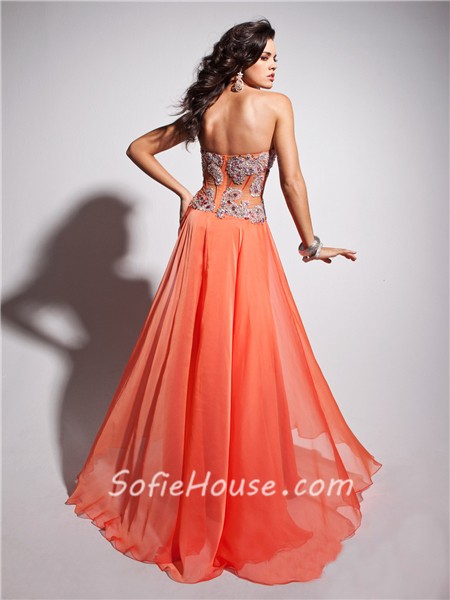 Unusual Sexy Sweetheart Sheer Long Coral Chiffon Corset Prom Dress With ...