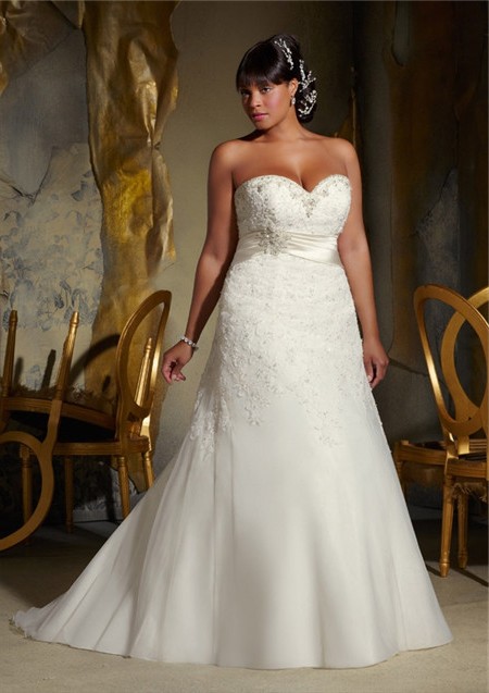 A Line Sweetheart Corset Back Organza Lace Beaded Plus Size Wedding ...