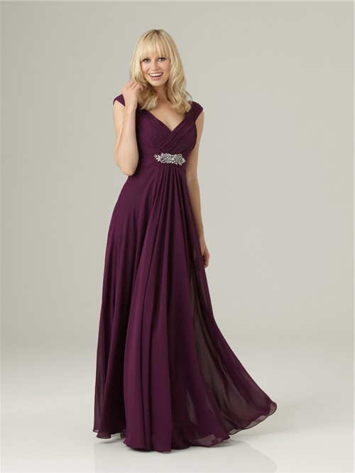 Formal Sheath/Column v neck long purple chiffon bridesmaid dress with ...