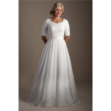 Modest High Neck Full Back Short Sleeve Ivory Lace Wedding Dress