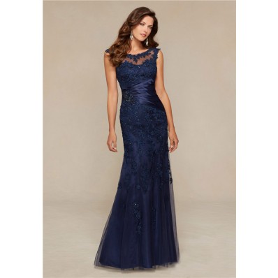Mermaid Boat Neck Navy Blue Tulle Lace Beaded Special Occasion Evening ...